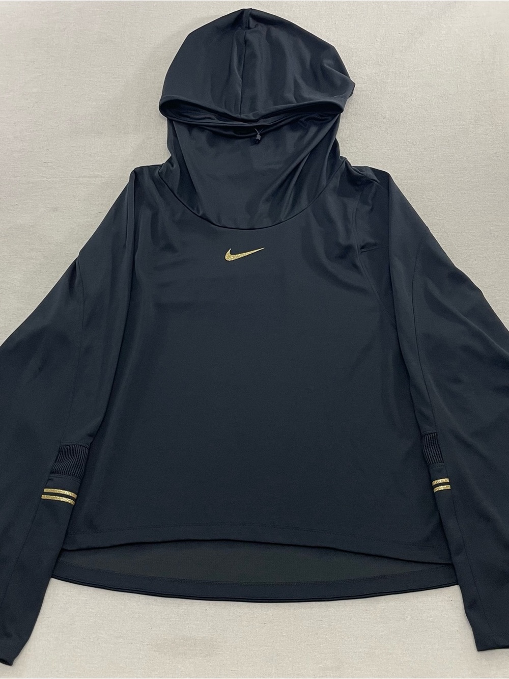 Nike Glam Midlayer Running Top Womens 2X Black Dri Fit Funnel Neck Gold Swoosh